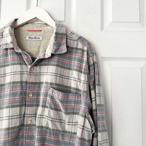 Tommy Bahama Men Becket Bay Blue Grey Continental Plaid Cord Button Up Shirt XL - Picture 13 of 16